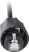 Close up of CAT6-WTP-x-BLACK-SHLD IP67 molded shield with strain relief