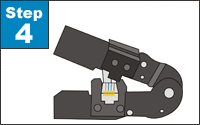 Insert the plug into a crimp tool. Firmly squeeze the handles to set the contacts and secure the cable.