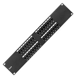 2RU patch panel with 32 cat6 RJ45 connectors installed, 110 style connector block terminates 23 or 24 awg wires