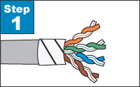 Carefully strip the jacketing from the cable to expose 1” of the insulated wire conductors.